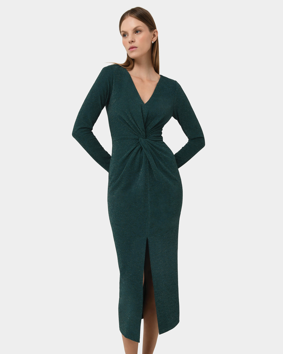 Giada Twist Knit Glitter Dress in green — close-up view