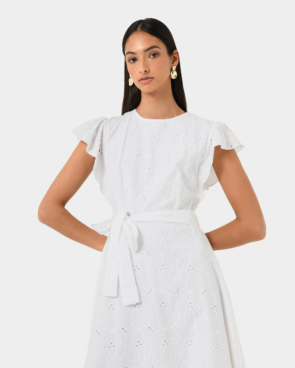 Kavya Tie-Waist Cotton Dress in white — close-up view