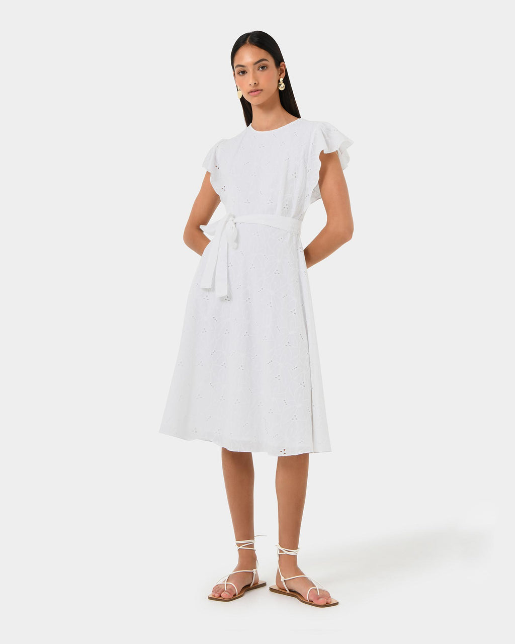Kavya Tie-Waist Cotton Dress in white — full-length view