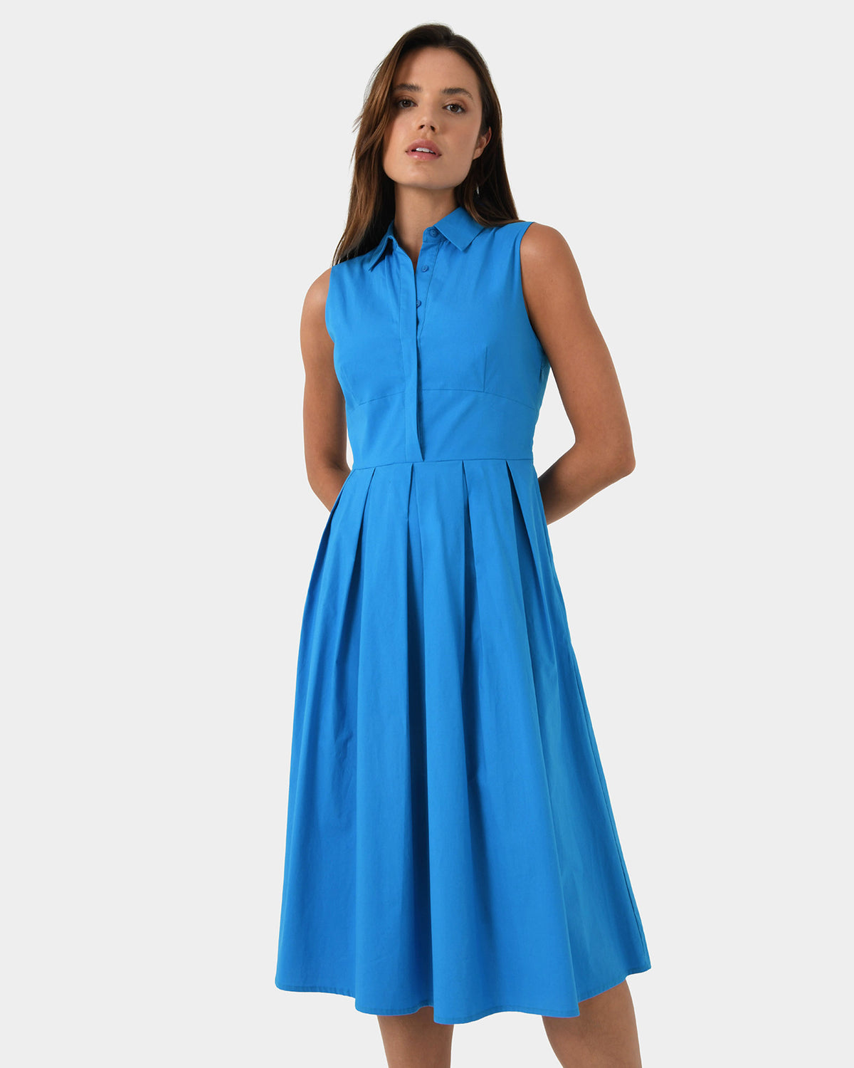 Alma Cotton Sleeveless Dress in cyan blue — close-up view