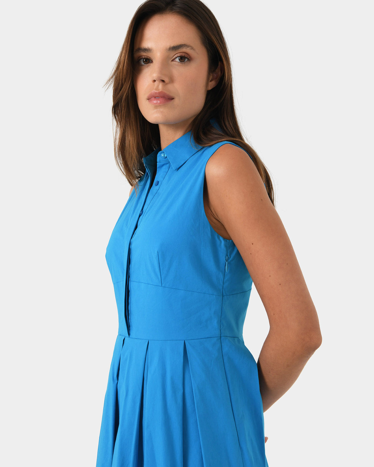 Alma Cotton Sleeveless Dress in cyan blue — fabric detail