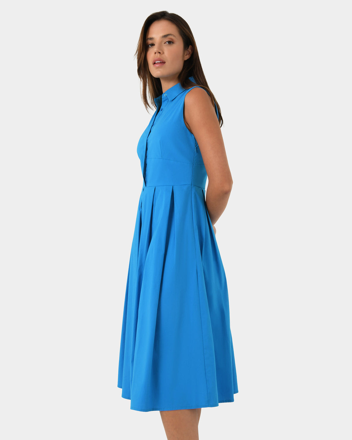 Alma Cotton Sleeveless Dress in cyan blue — side view