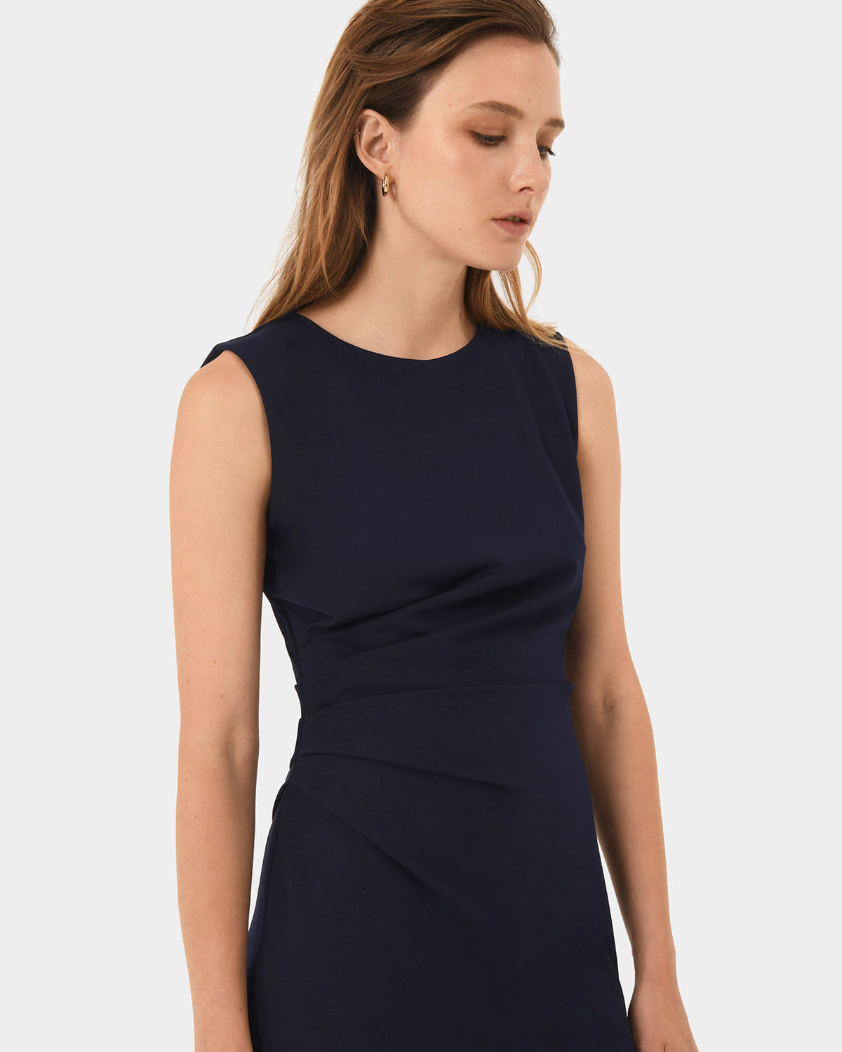 Faith Side Pleated Midi Dress in navy — close-up view