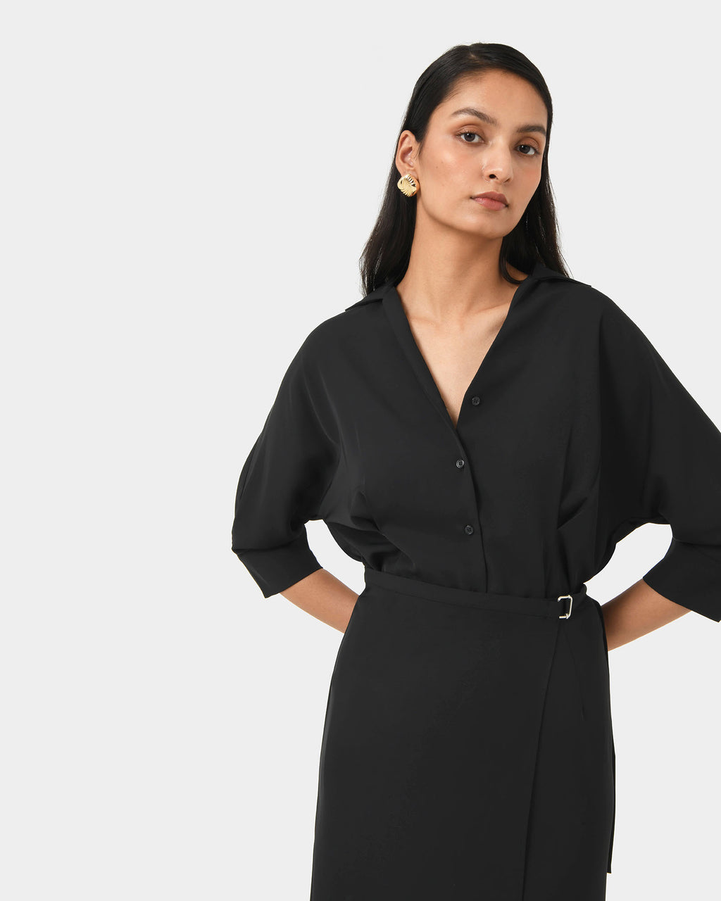 Betty Wrap Tie Dress in black — close-up view 2