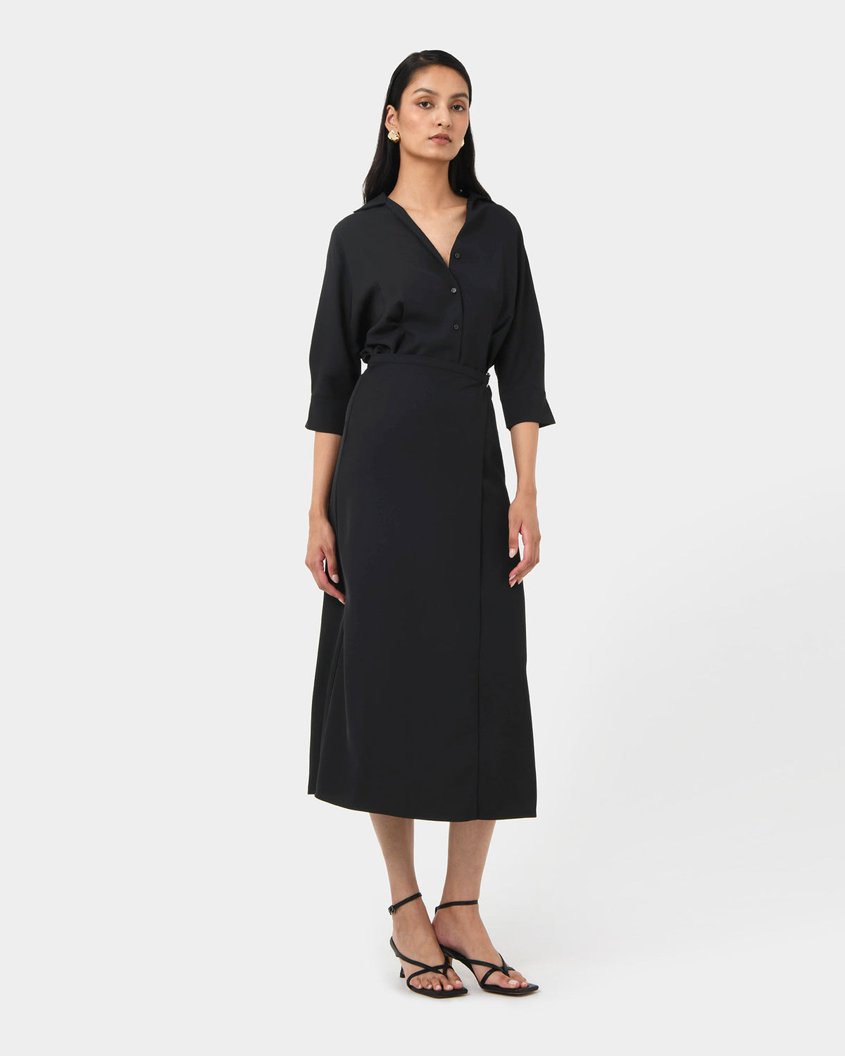 Betty Wrap Tie Dress in black — full-length view 2