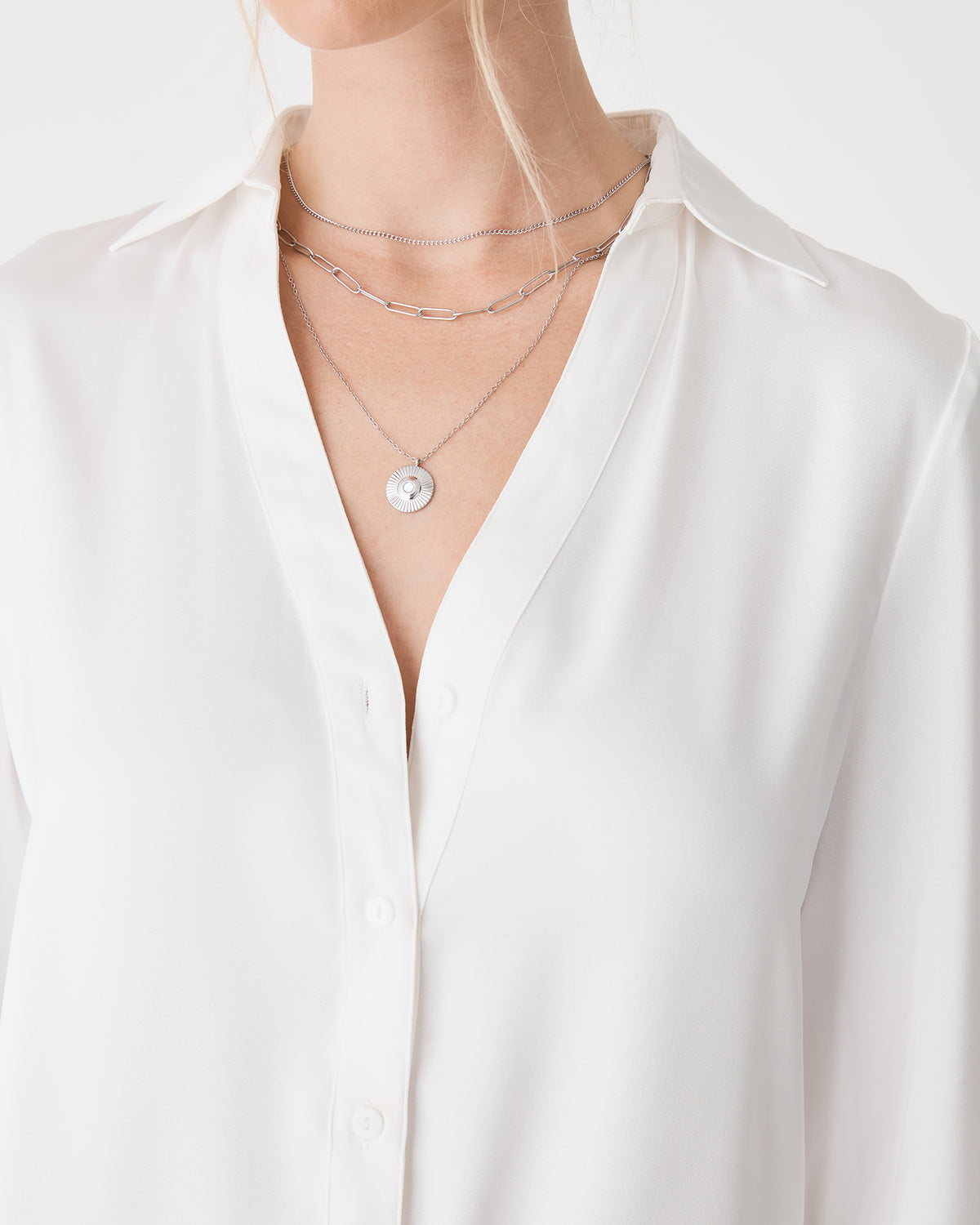 Soltice Layered Necklace in silver — fabric detail 2