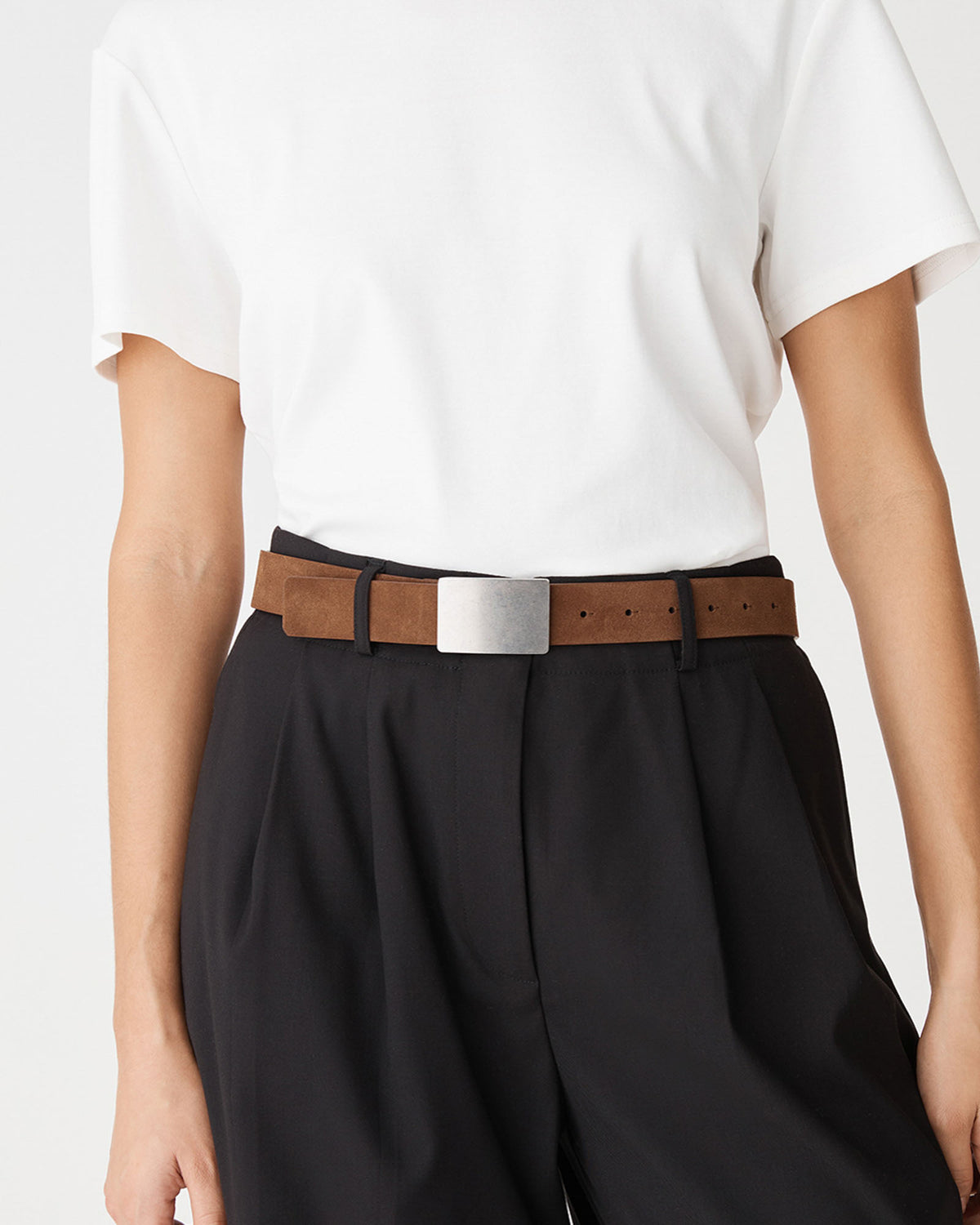 Aspen Suede Leather Belt in chocolate — fabric detail