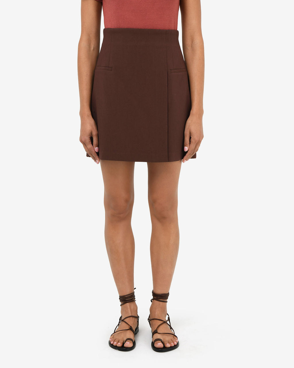 Nikki Mini Wrap Skirt in brown — close-up view