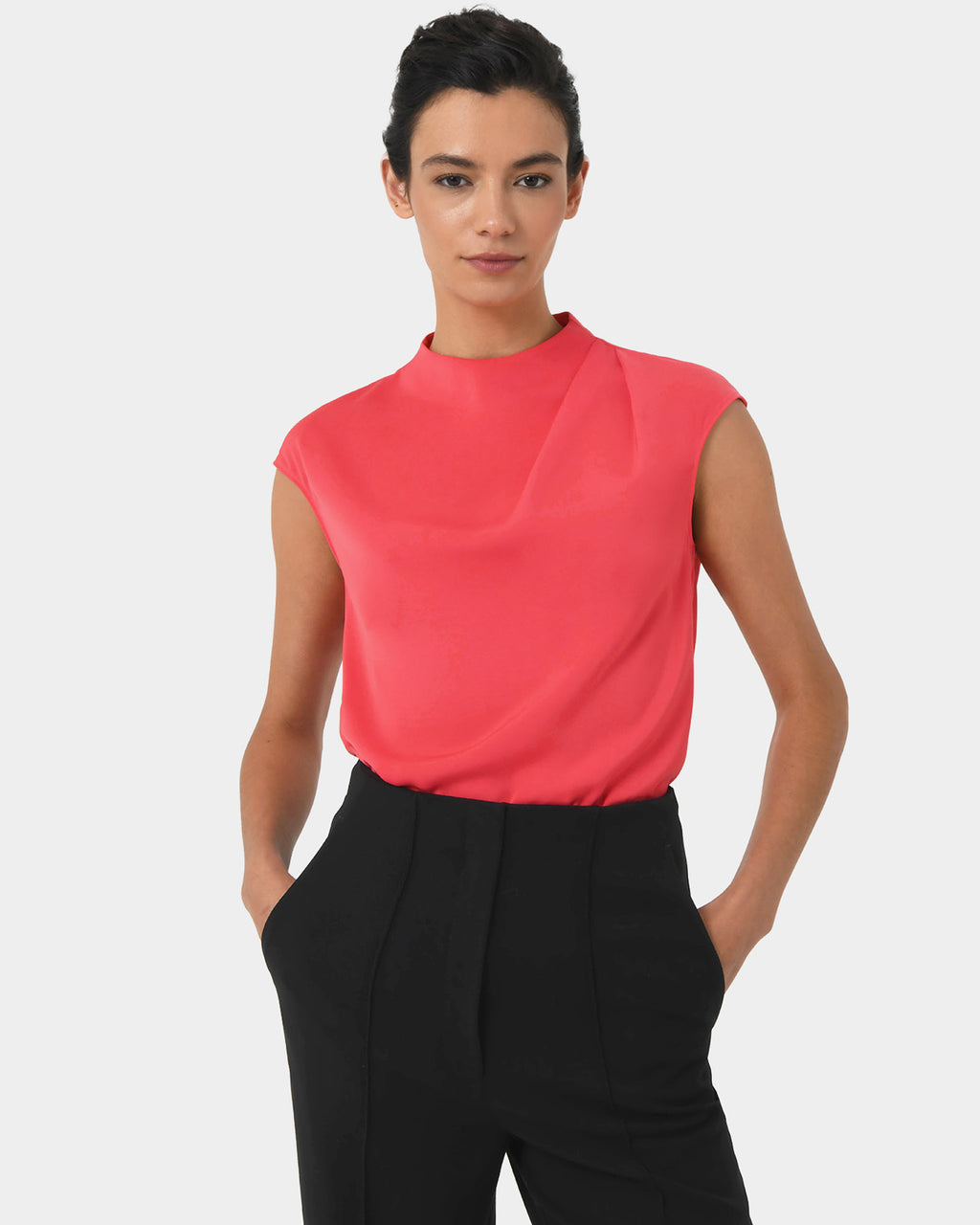 Mallory Draped Shoulder Blouse in hibiscus — close-up view 2