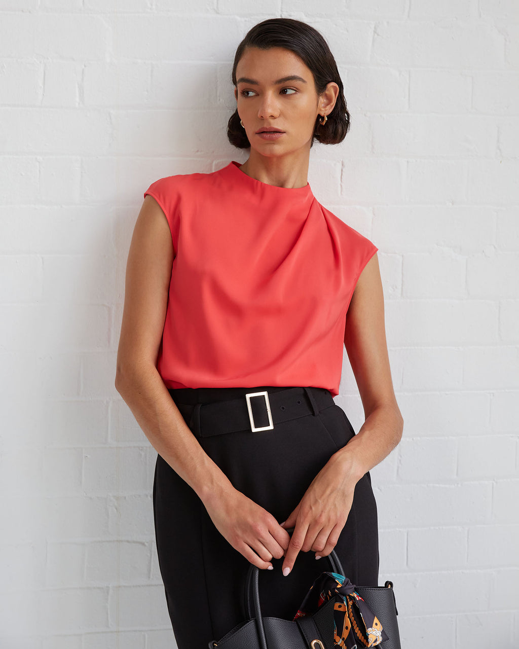 Mallory Draped Shoulder Blouse in hibiscus — close-up view 4
