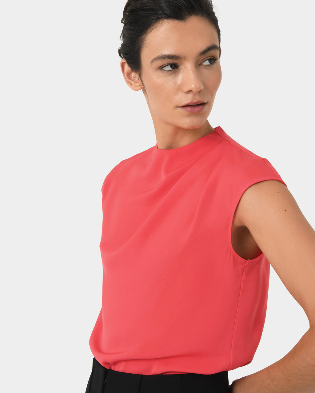 Mallory Draped Shoulder Blouse in hibiscus — side view