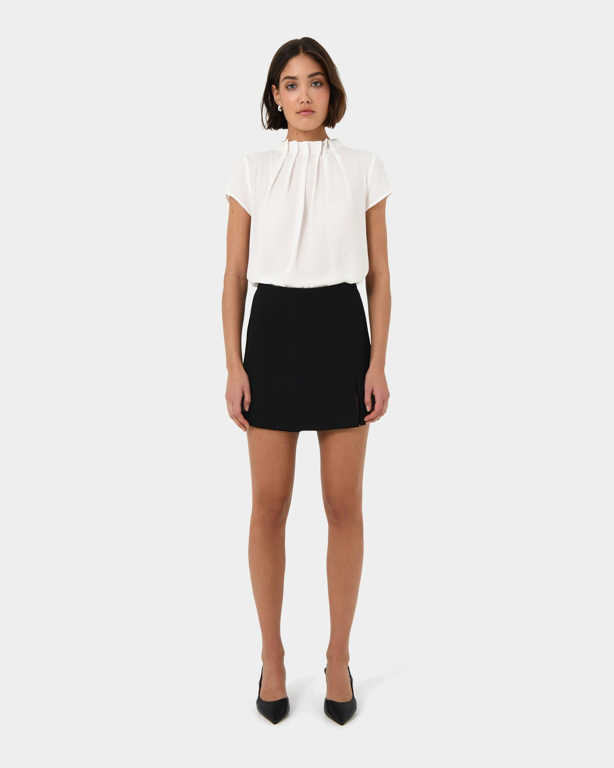Olivia Pleated High Neck Top in ivory — full-length view